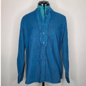 Lands End teal blue ruffled corduroy button front shirt - medium